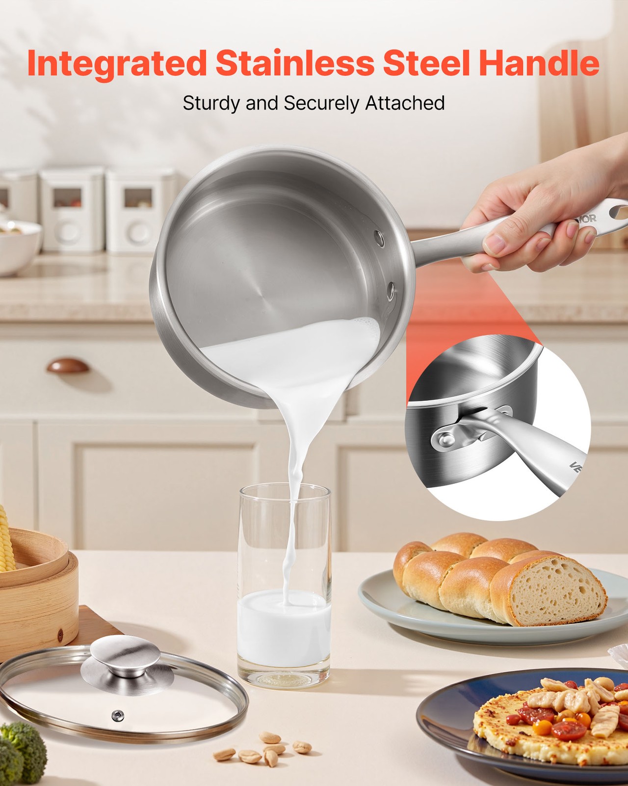 VEVOR 1.5 QT Saucepan with Steamer Stainless Steel Saucepan with Glass Lid