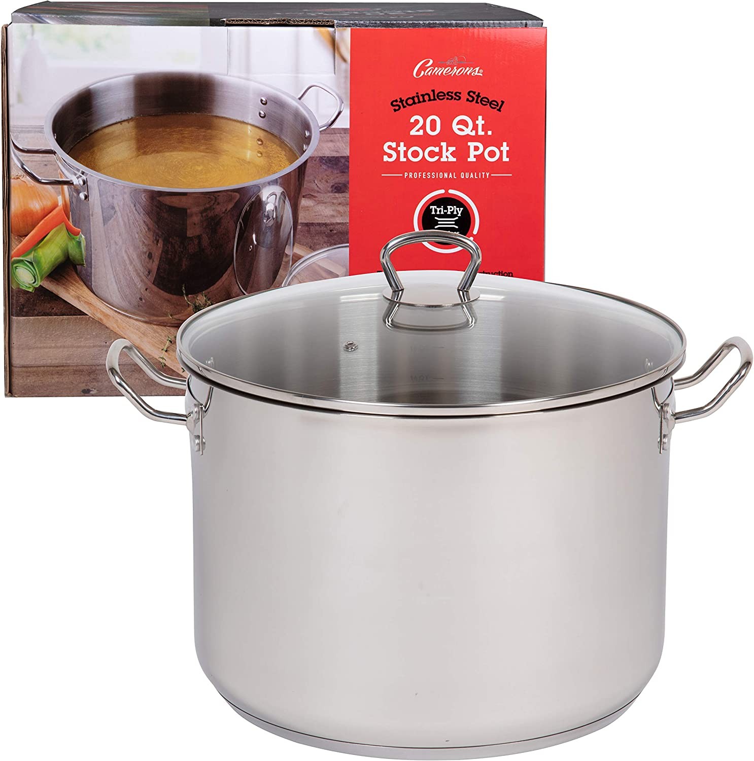 Camerons 20 Quart Stock Pot w/ Lid 18/10 Pro Grade Tri Ply Stainless Steel