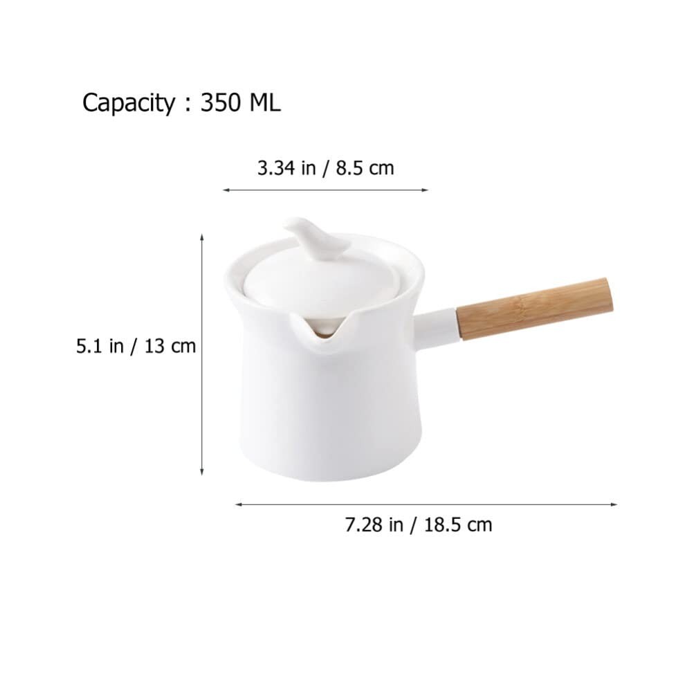 Mini Sauce Pan Ceramic Milk Pot 350ml With Lid Wooden Handle White Pour Spout