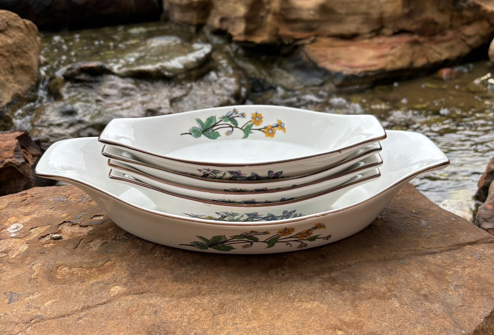 WOODHILL Stoneware 4 Oval Bowls Plus Large Floral Baking Dish Set of 5 Vintage