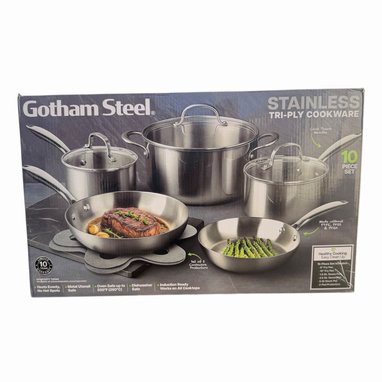 Gotham Steel 10 Pc Tri-Ply Stainless Steel Cookware Set Induction