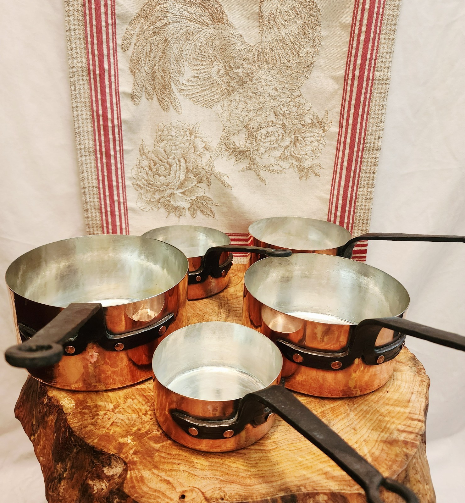 Antique Five Piece Set of Copper Saucepans 12-20cm 4.75-8 inch diameters 9.5lb