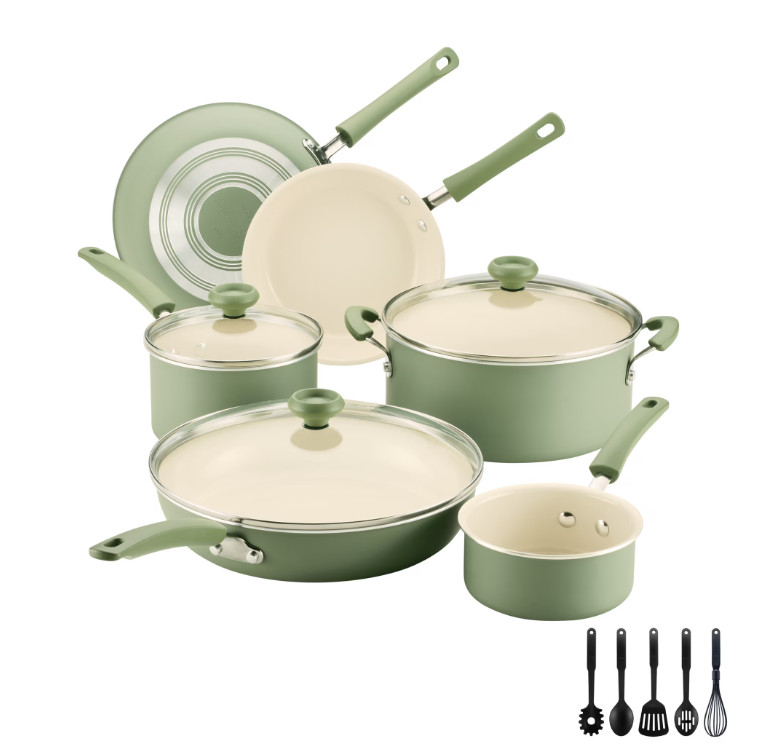 14 Piece Ceramic Nonstick Cookware Set with Cooking Tools, Dishwasher Safe,Green