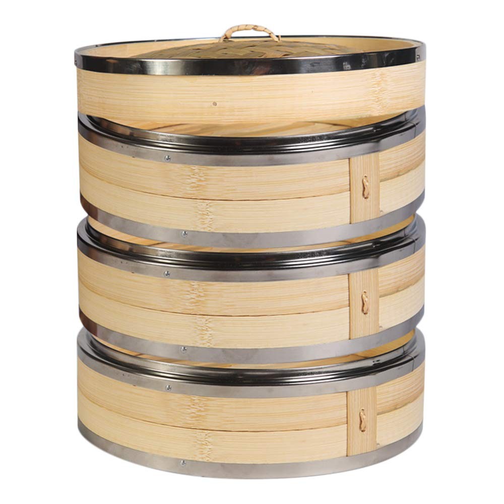 3-Tier Kitchen Bamboo Steamer with Stainless Steel Rings for Asian Cooking | …
