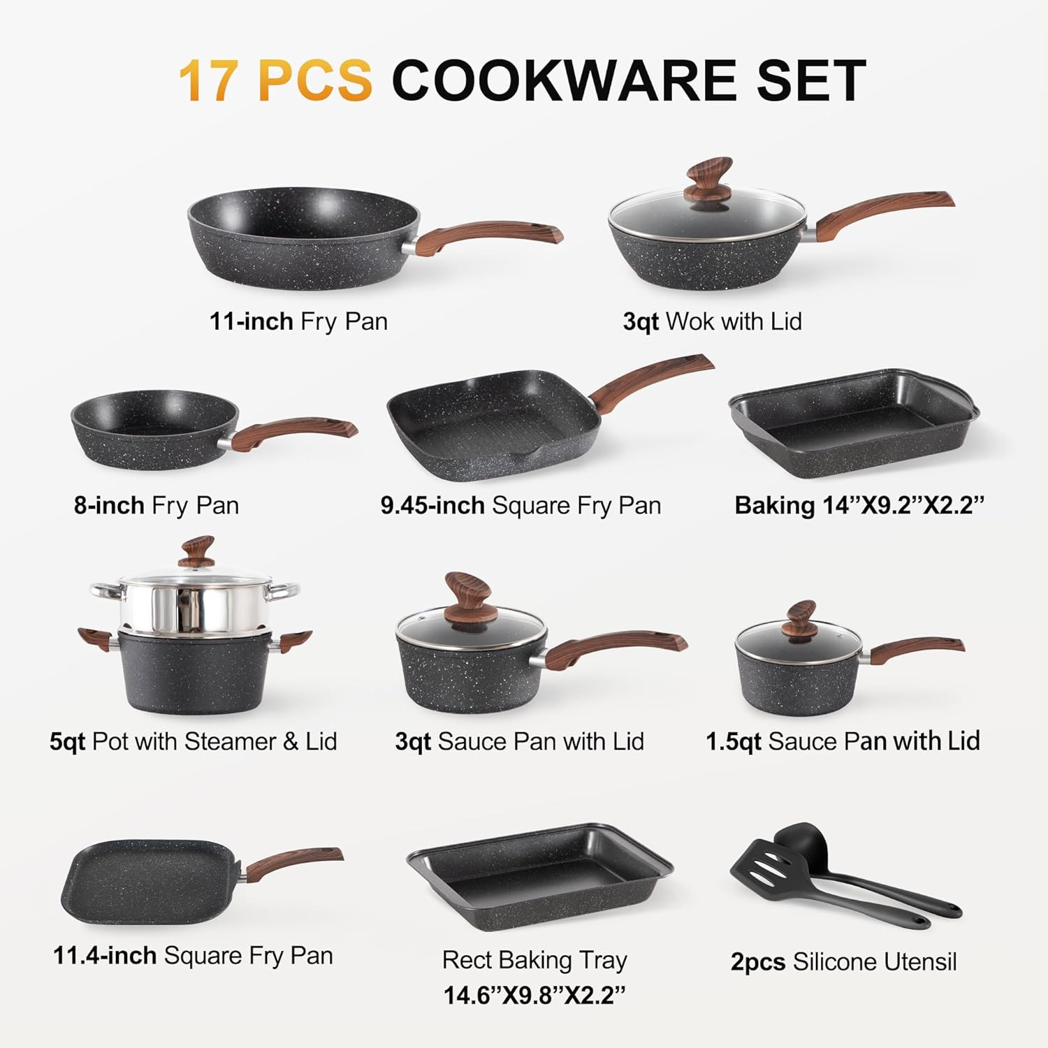 17-Piece Nonstick Granite Cookware Set – Induction Safe, Non-Toxic, Black