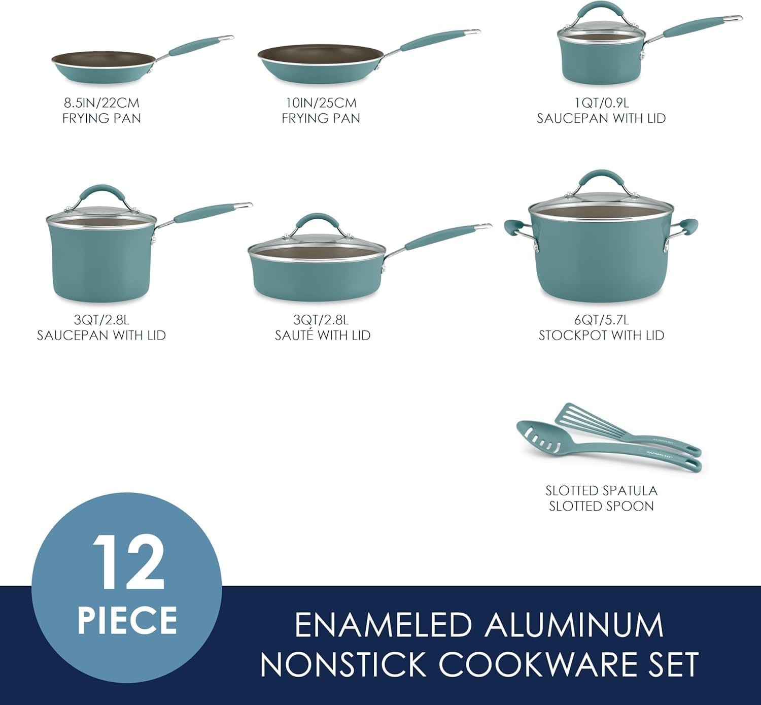 Rachel Ray’s Kitchen Cucina Nonstick Cookware Pots/Pans 12 Piece Set Agave Blue.