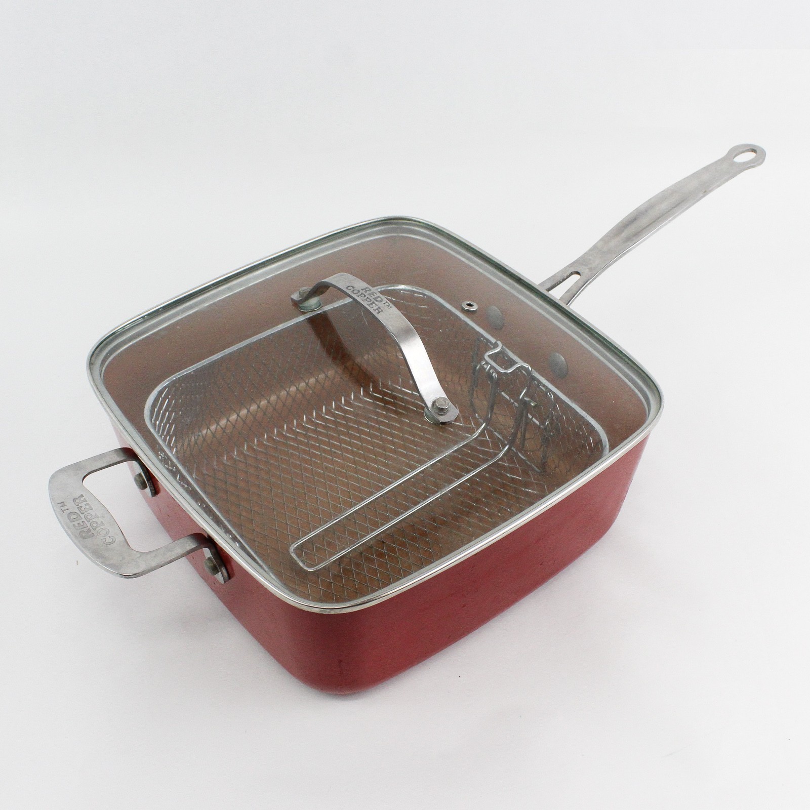 Red Copper 11″ Square Pot Pan with Clear Lid & Fry Basket