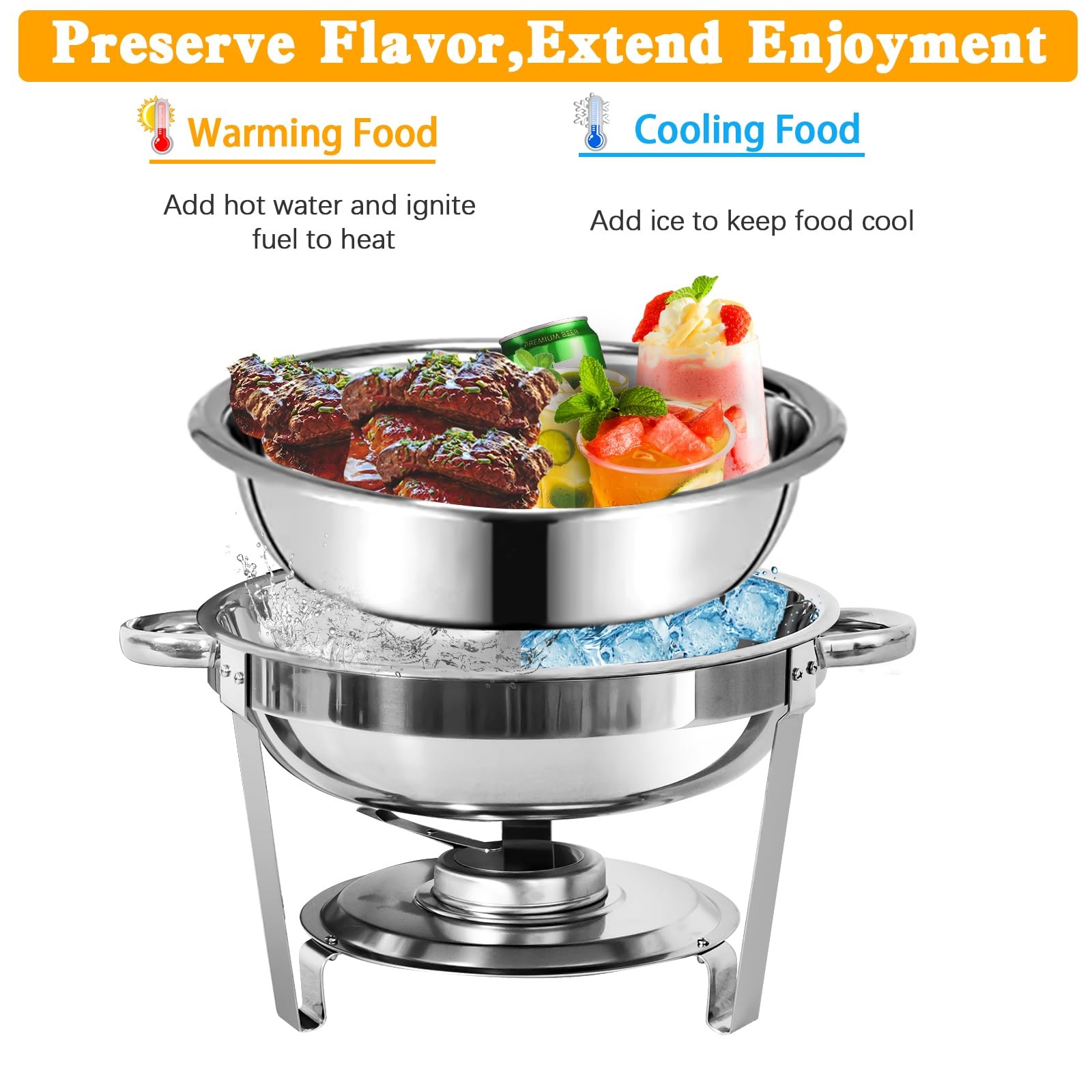 Stainless Steel Chafing Dishes 2 Pack 6QT Round Buffet Warmer Set Anti-scald Lid