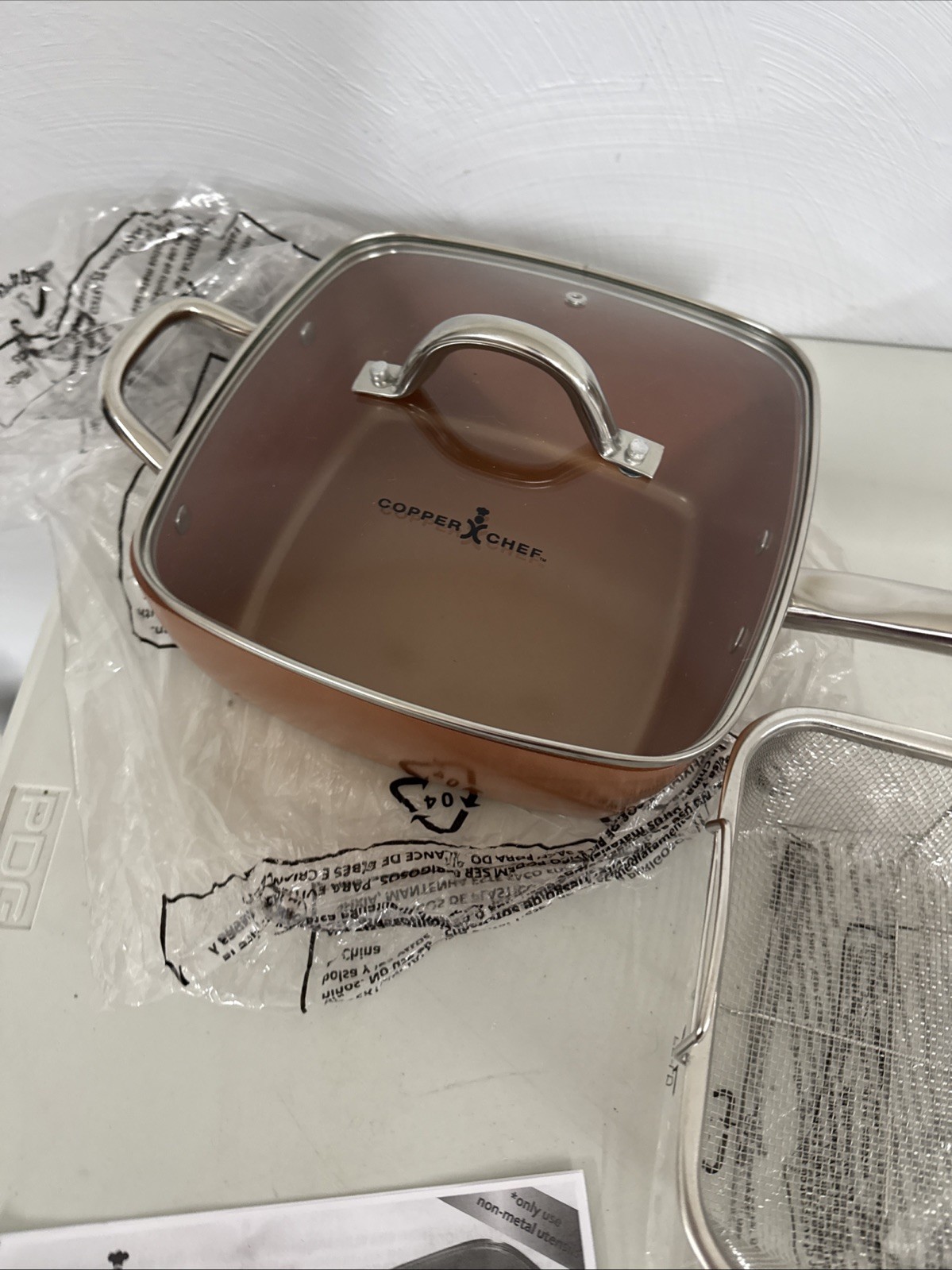 Copper Chef 9.5″ Square 4″ Deep Fry Pan Skillet Glass Lid, Basket &ibooklet NEW