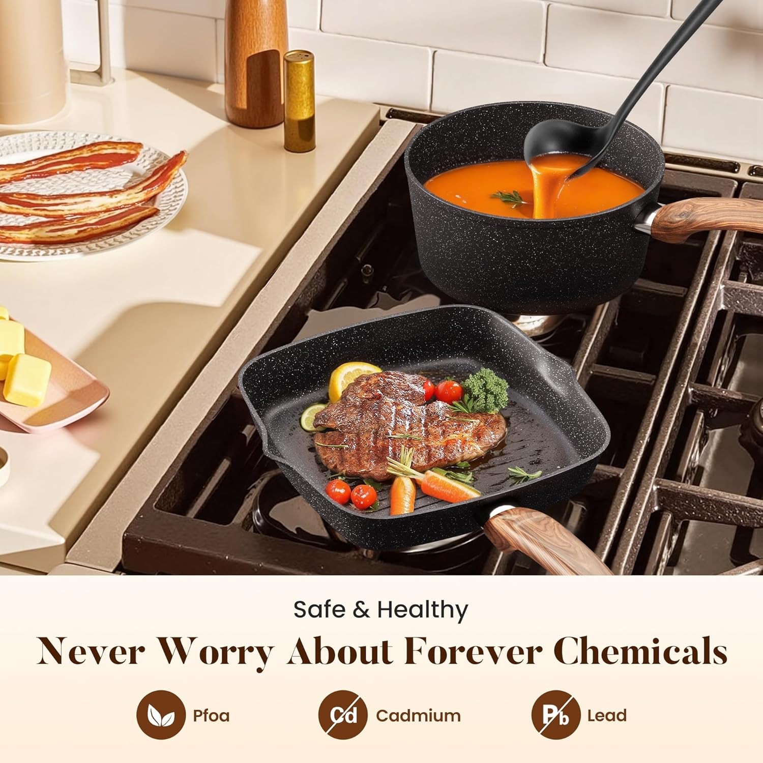 New Cookware Set-17 Piece Non-Stick Cooking Pan Set, Black Granite Pots and Pans