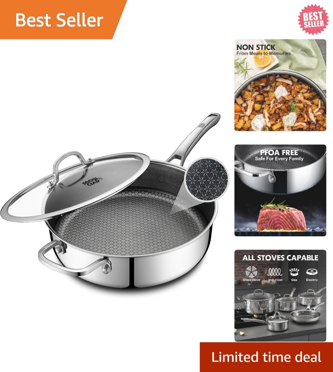 5 Quart Nonstick Stainless Steel Saute Pan with Lid – PFOA Free & Oven Safe