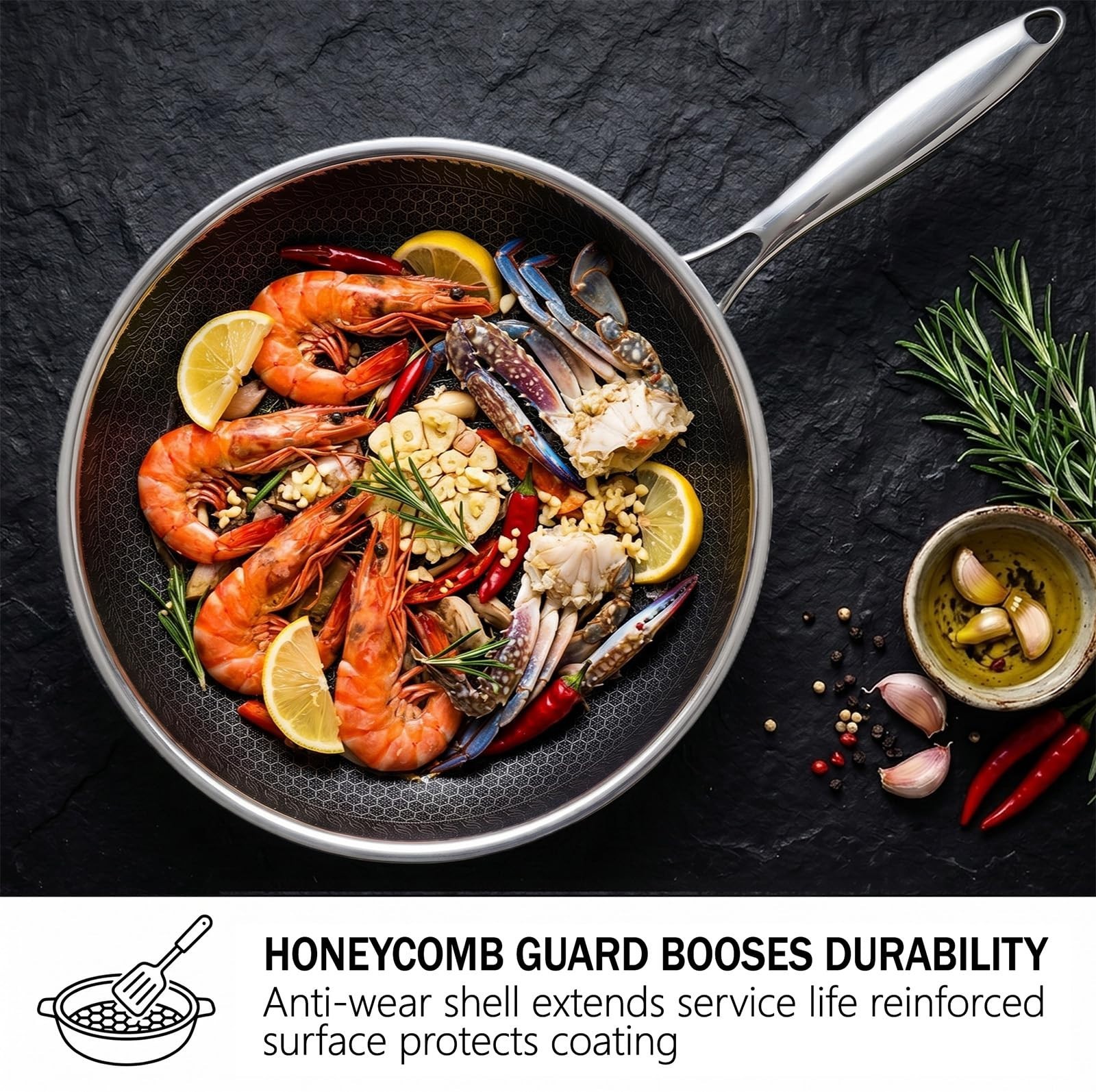10″ Nonstick Frying Pan with Lid, Honeycomb Stainless Steel Skillet, PFAS Free,