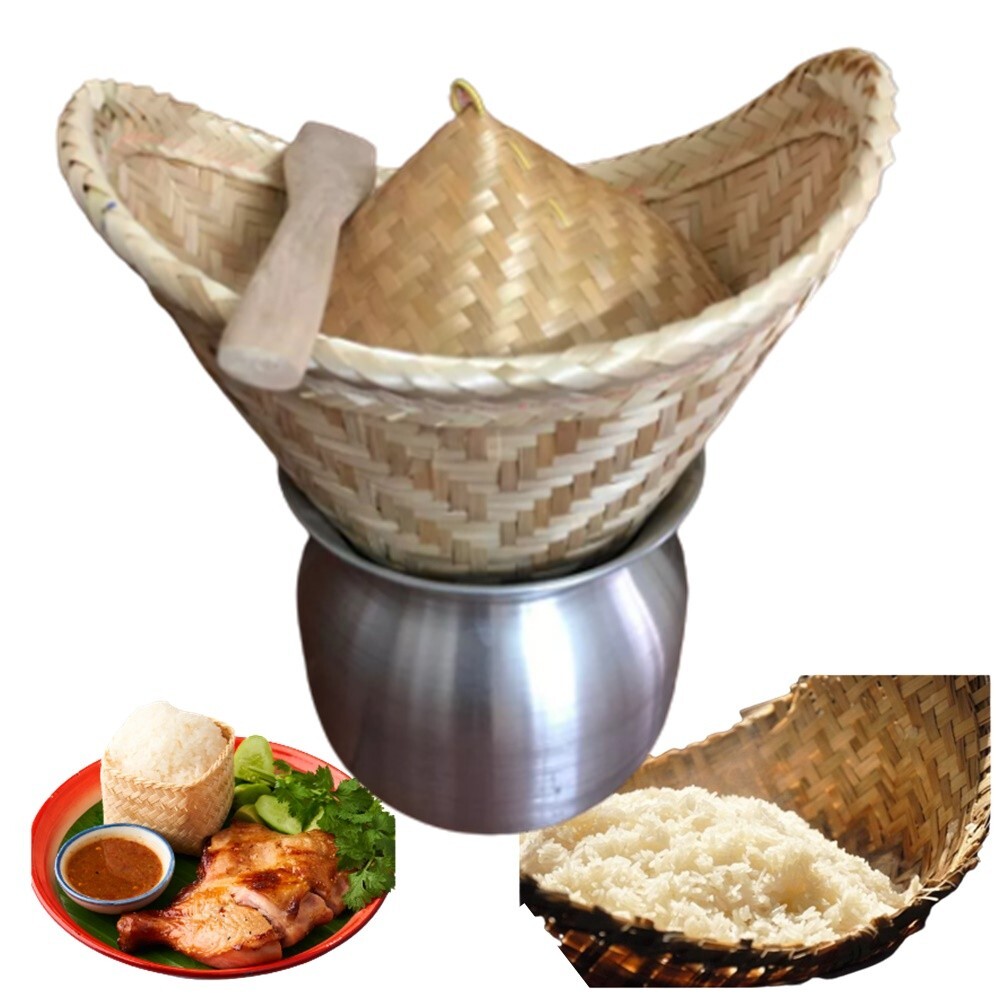 Pot Sticky Rice Steamer Aluminum Cookware Kitchen Bamboo Basket, Cover, Spatula.