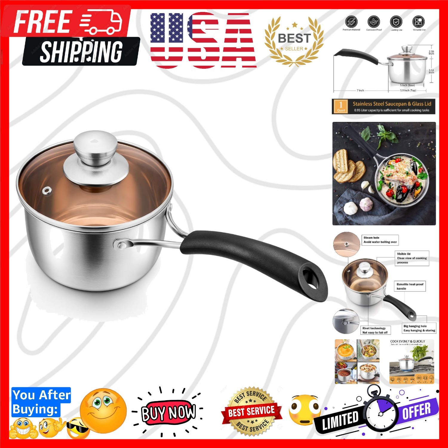 1 Quart Saucepan Small Pot, Stainless Steel Saucepan with Lid, Small Sauce Pa…