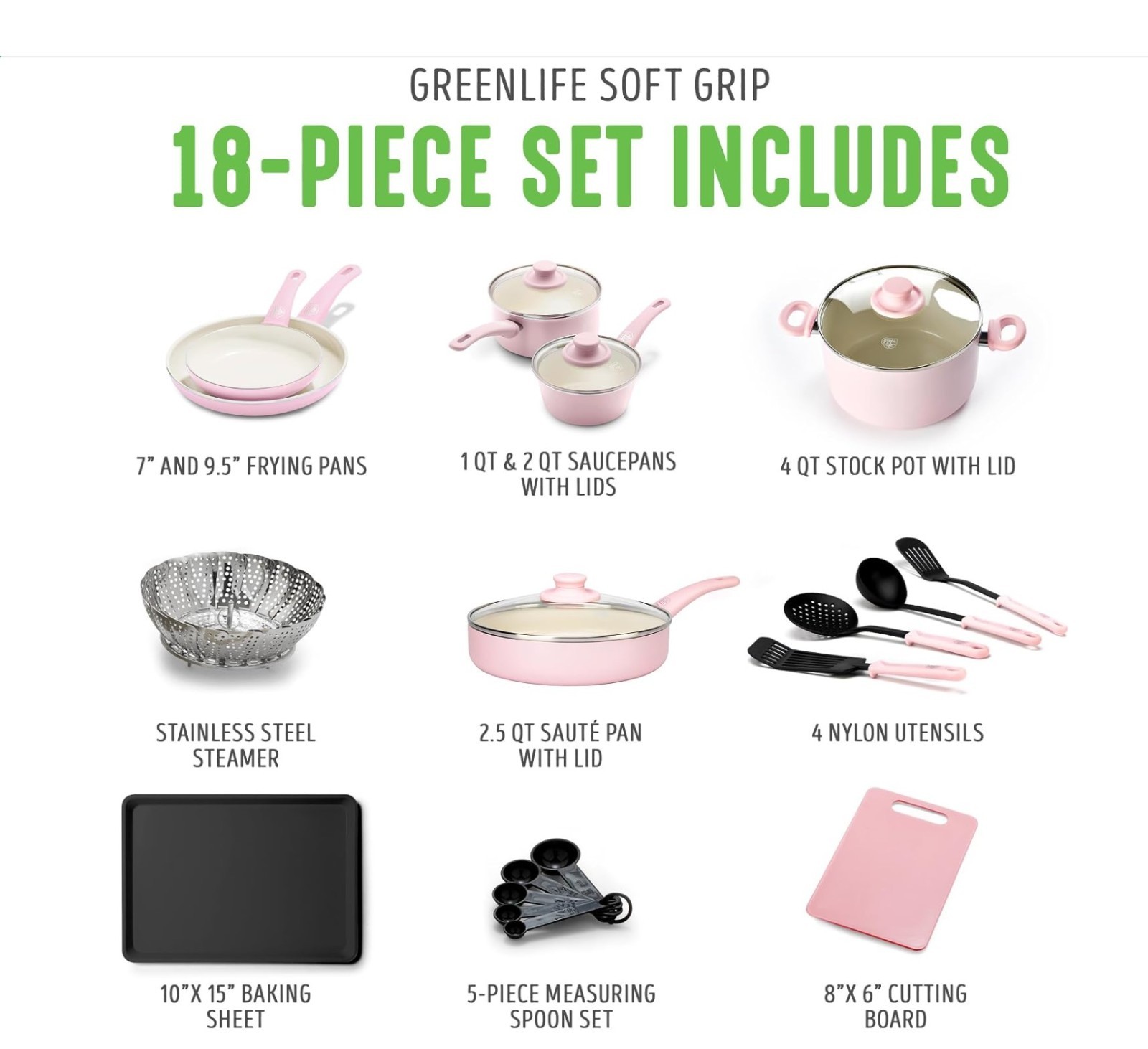 GreenLife Ceramic Cookware Set (18-Piece, Soft Pink) – Brand New Sealed