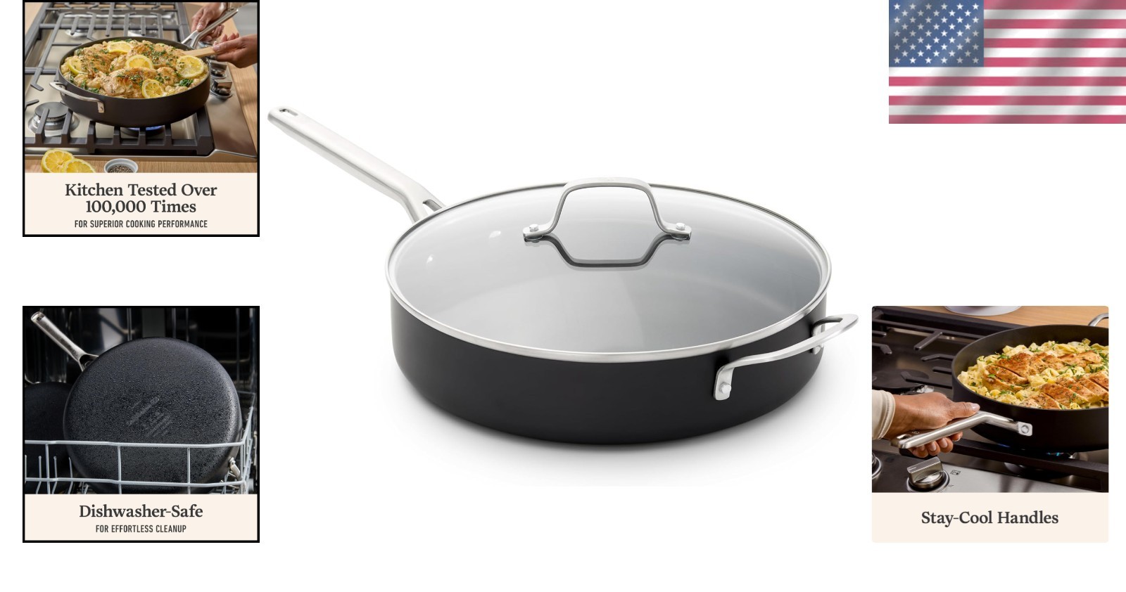 Nonstick Saute Pan with Lid 5 Qt Hard-Anodized Aluminum Dishwasher Safe
