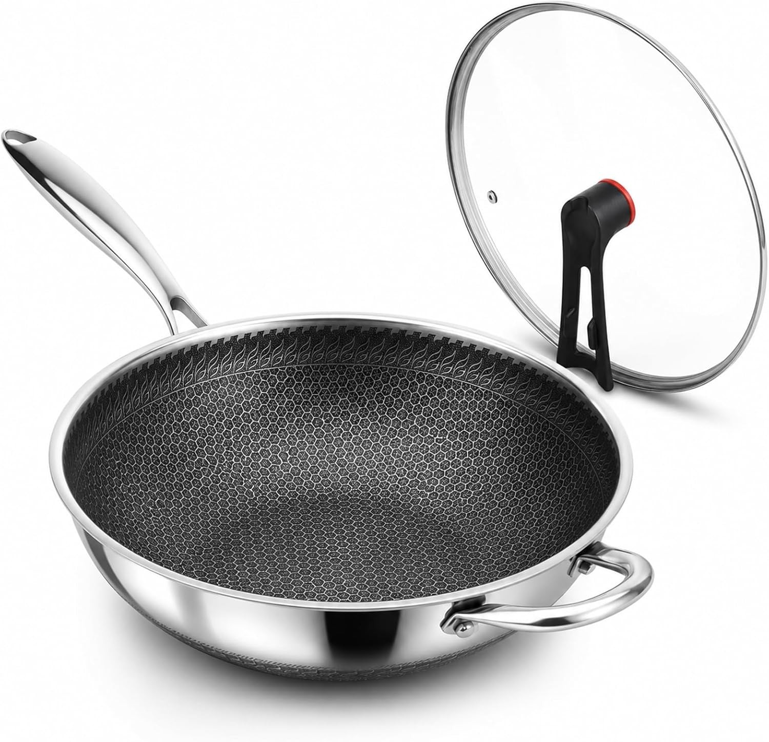 12.6 Inch Stainl Steel eyb Wok Pan with Standing Glass Lid, Flat
