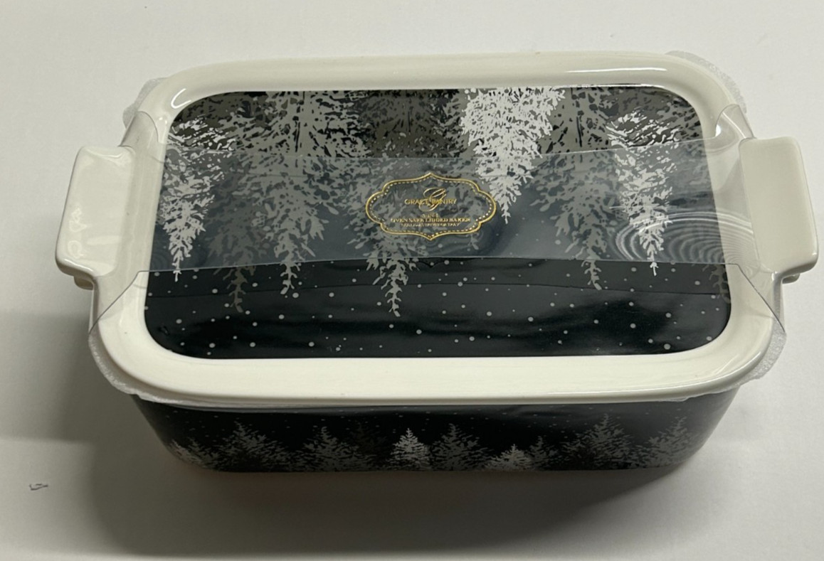 VHTF Grace Teaware Winter Black Grey Trees Rectangular Baker & Lid Casserole NEW