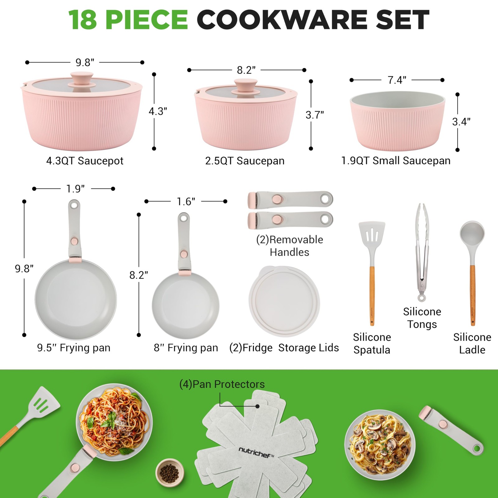 NutriChef 18-Piece Ceramic Cookware Set Detachable Handles Pink