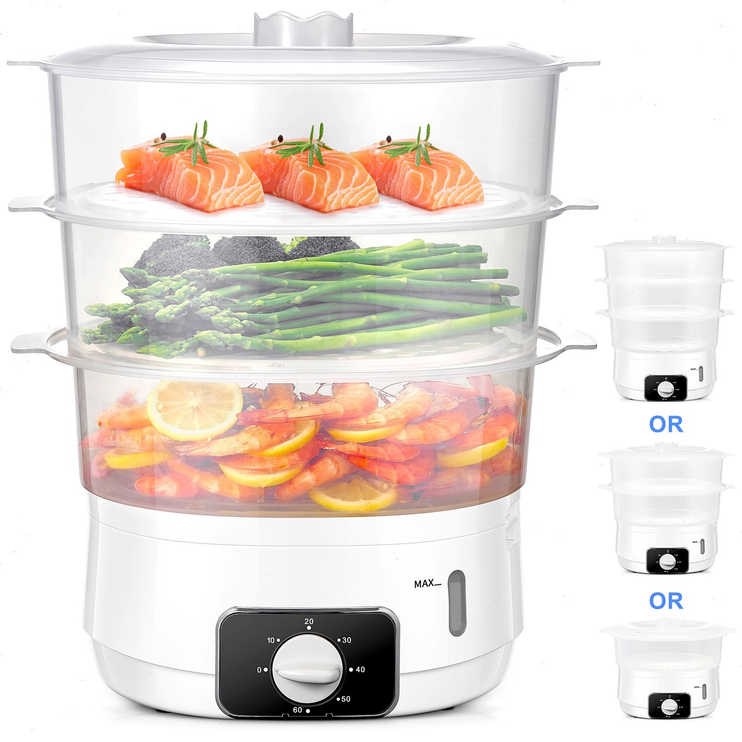 13.7QT Electric Food Steamer, 3-Tier, 800W, 60-Min Timer, BPA-Free Baskets