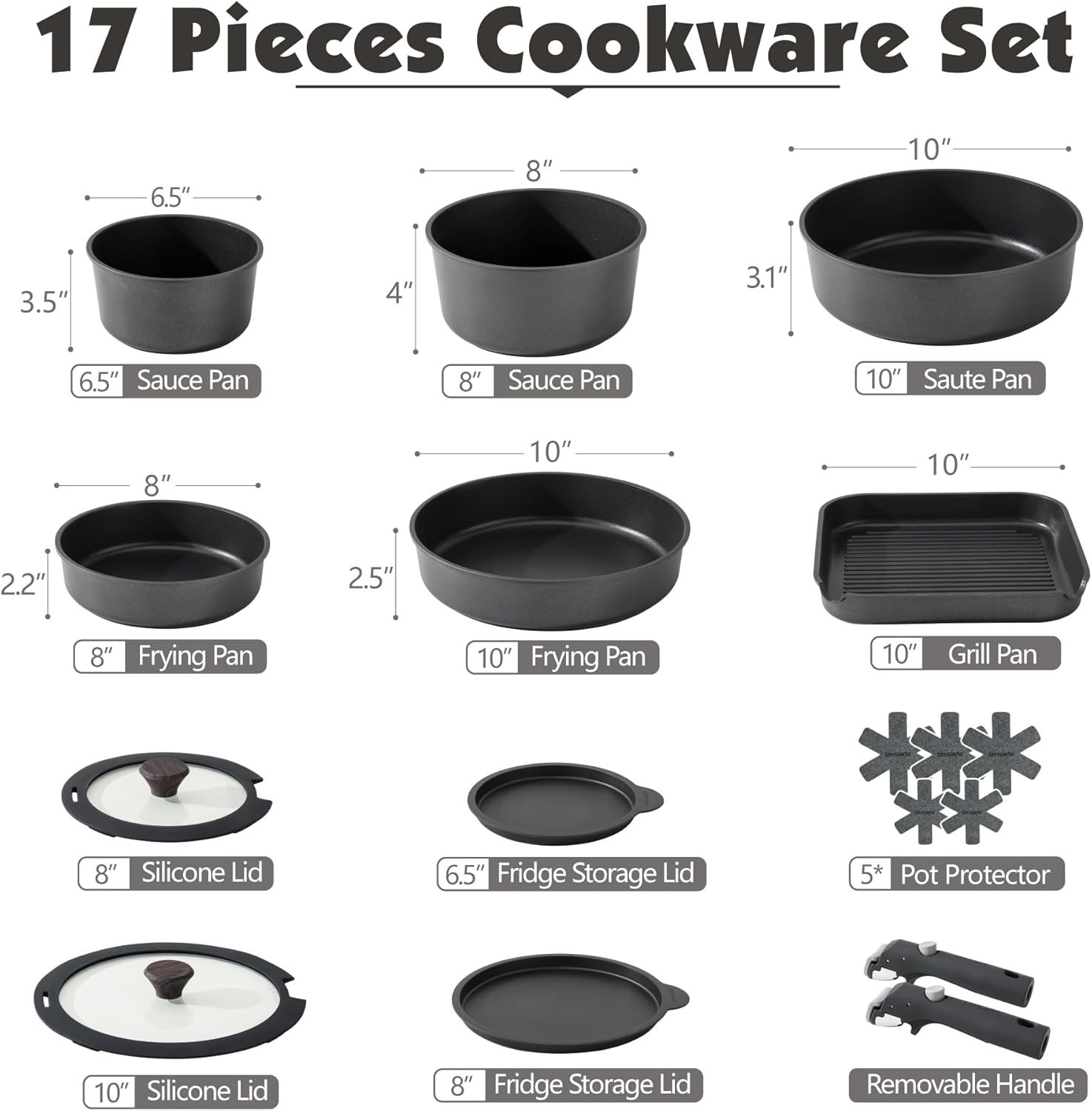 17 Piece Nonstick Cookware Set with Removable Handle Induction Safe Kitchen P…