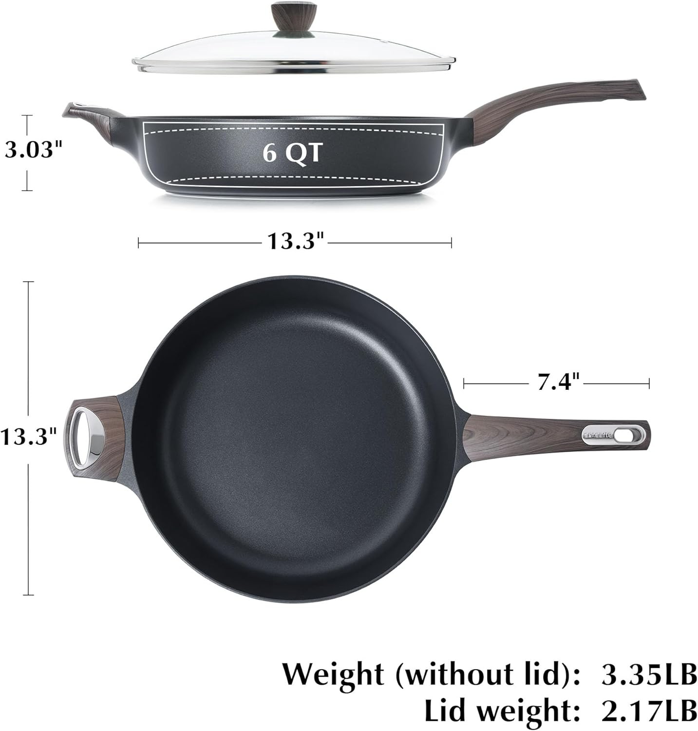 SENSARTE Nonstick Frying Pan Skillet with Lid, 6QT / 13.3IN, Classic Black