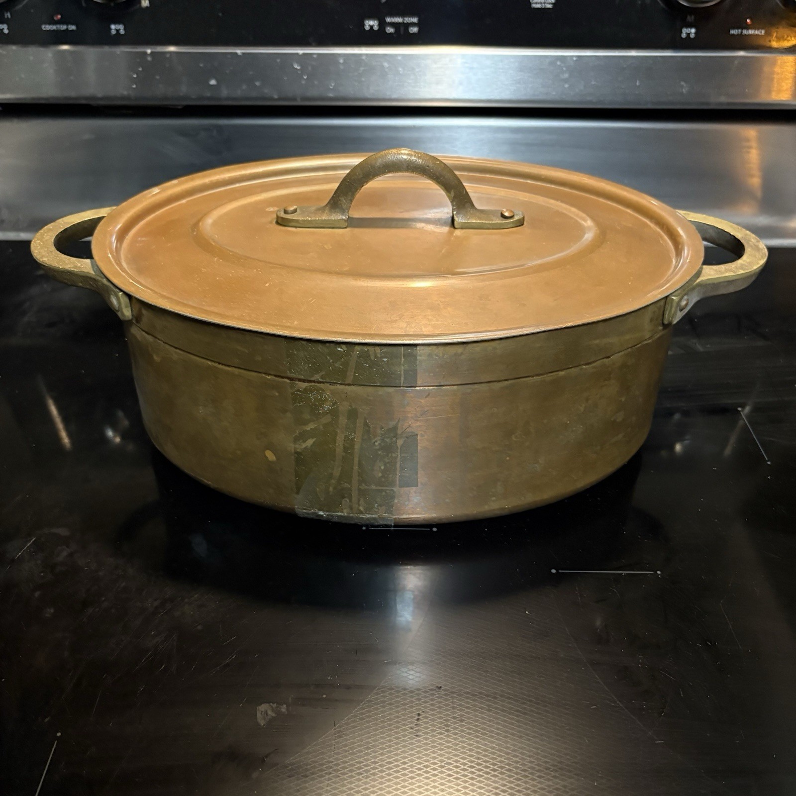 RARE 8lb Metaux Ouvres-Vesoul Copper Dutch Oven w Lid Heavy Cast Brass Handles