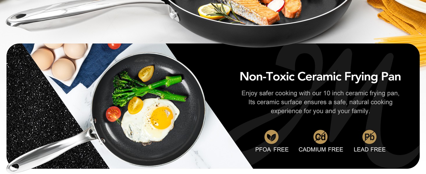 Ceramic Frying Pan – 10 Inch Frying Pan Nonstick with Lid, Non-Toxic Skillet