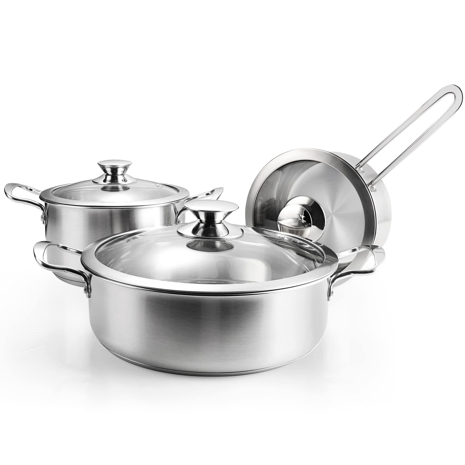 ASKSCICI 6-Piece Stainless Steel Cookware Set with Glass 6-Piece, Silver