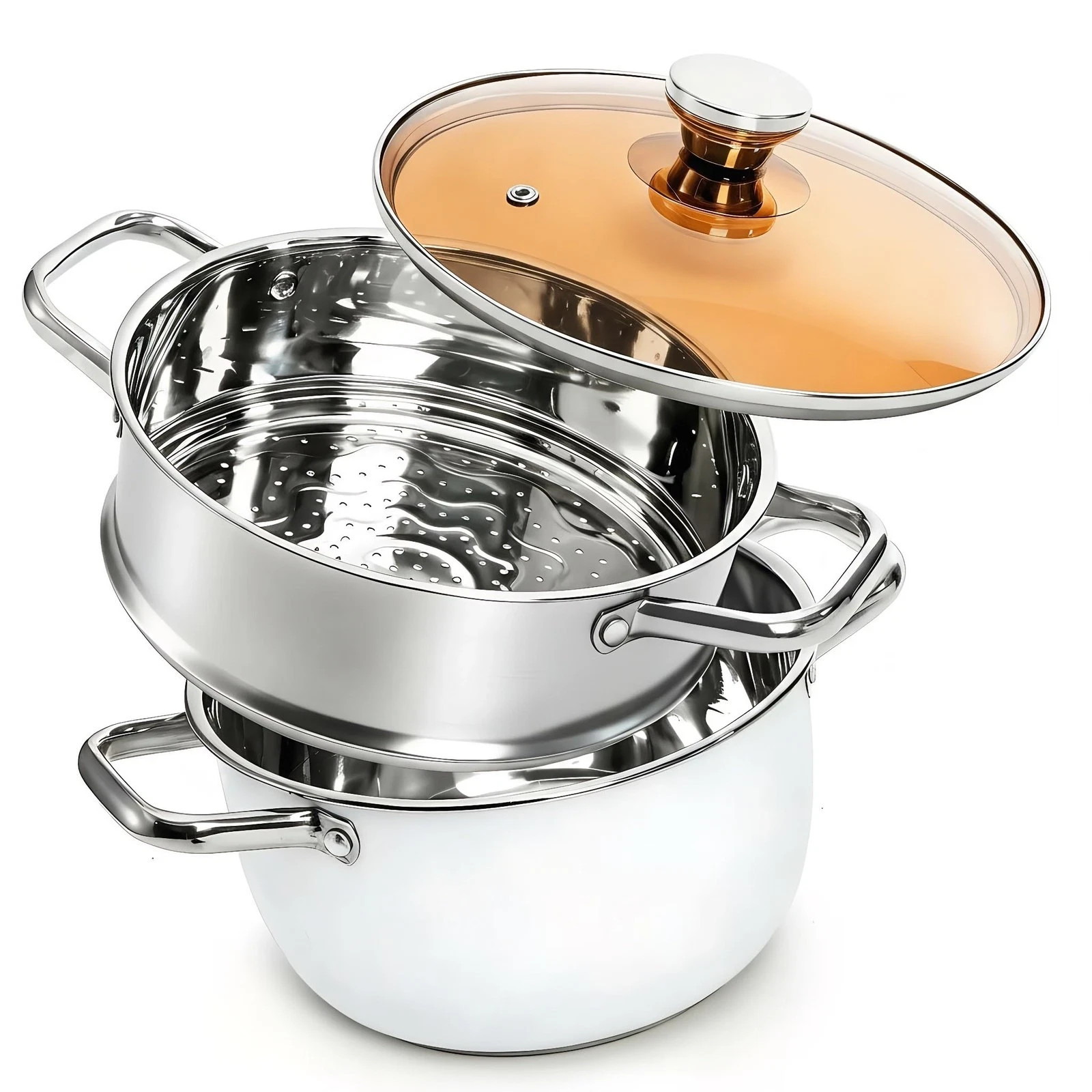 2 Tier Steamer Pot with Lid 4 Quart Stainless Steel Food Cooking Vegetable