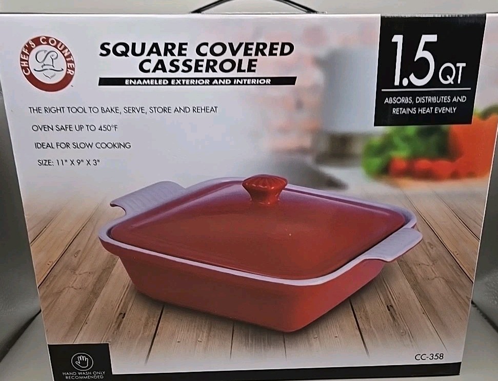 Chef’s Counter/ Square Covered Casserole 1.5 Qt Red Enameled Exterior (A96)