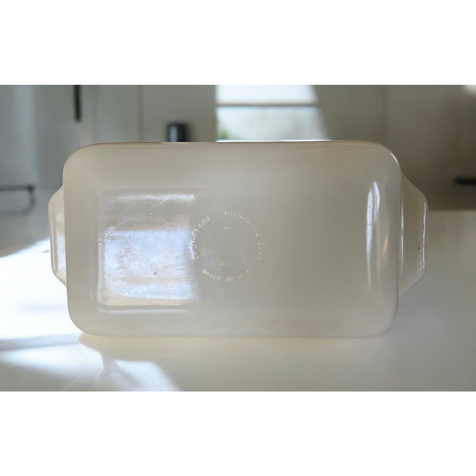 VINTAGE 70s Glasbake Green Floral Flower Print 1 QT Casserole Milk Glass Dish