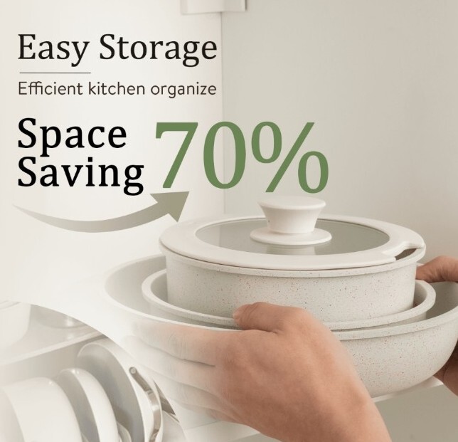 CAROTE 5-Pc. Nonstick Cookware Set ~ Detachable Handle ~ Granite Pot & Pan Set