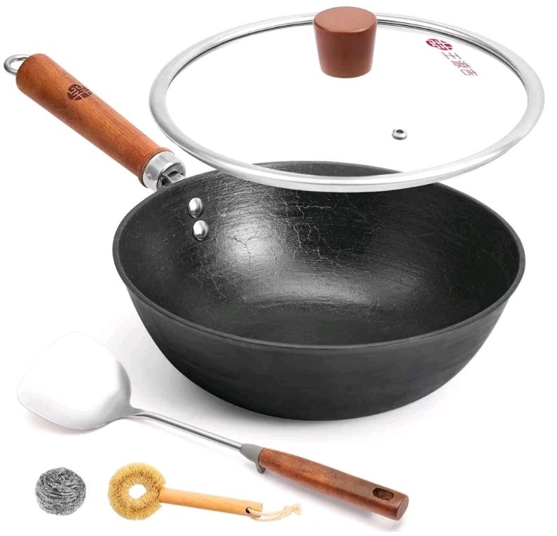 Cast Iron Wok Pan w/Lid, 10.2 Inch Small Flat Bottom Stir Fry Skillet, Uncoated