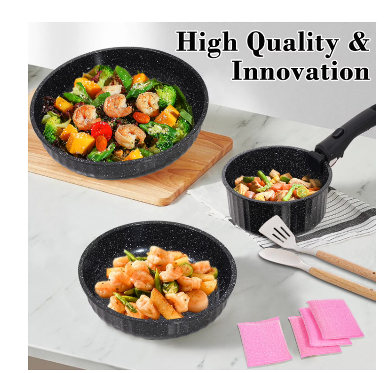 11pc Nonstick Cookware Set Removable Handle Induction Stackable Granite