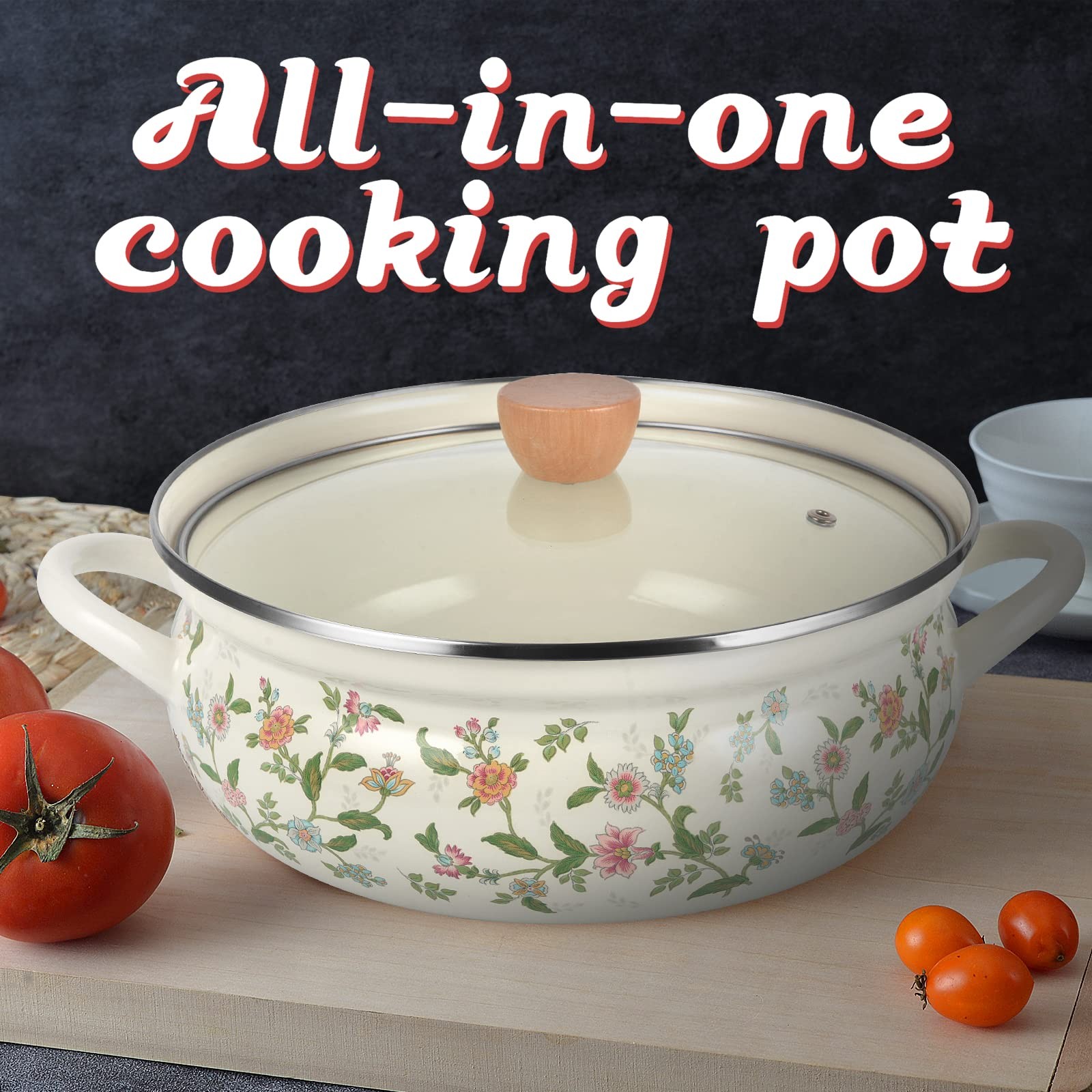 Enamel Stock Pot with Lid, Floral Retro Cooking Pot for Stove Non Stick Soup …
