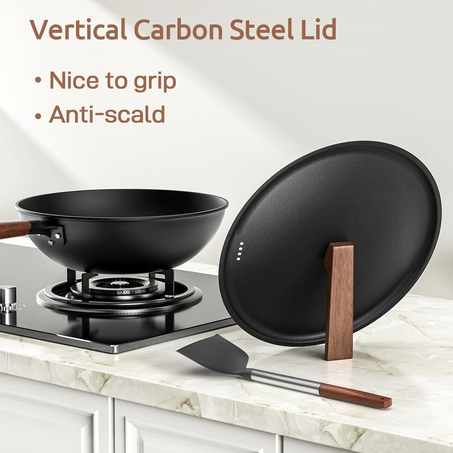 Carbon Steel Wok 13-In Pre-Seasoned Non-Stick Lid Spatula Flat Bottom Ideal