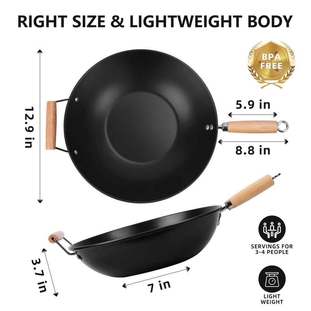 Easy Clean Hand Wash Recommended Carbon Steel Non-Stick Wok Pan