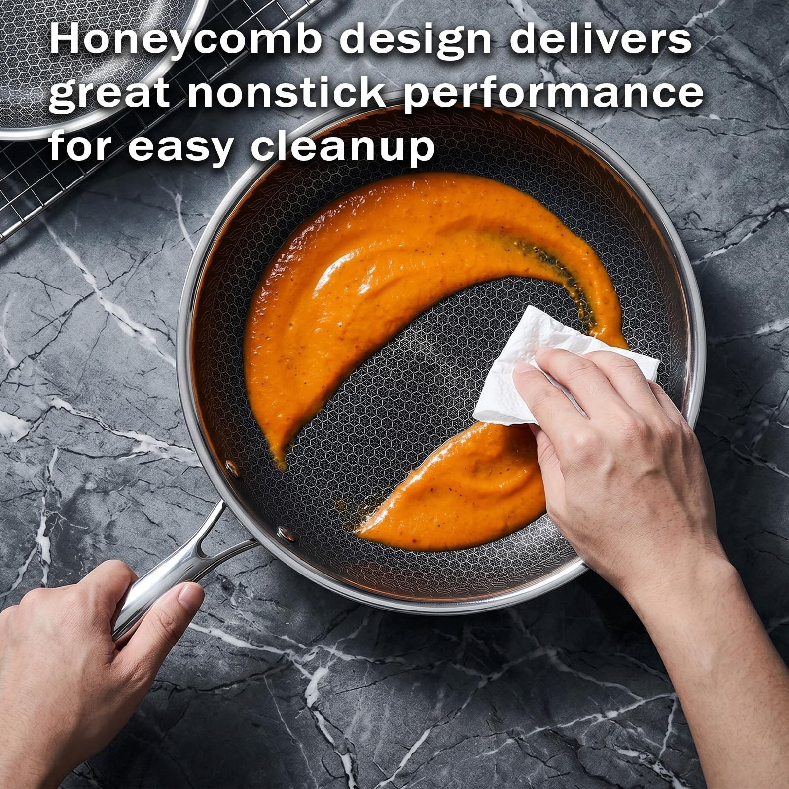 10″ Nonstick Frying Pan with Lid, Honeycomb Stainless Steel Skillet, PFAS Free,