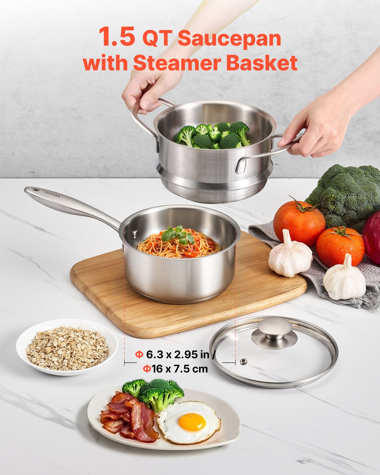 VEVOR 1.5 QT Saucepan with Steamer Stainless Steel Saucepan with Glass Lid
