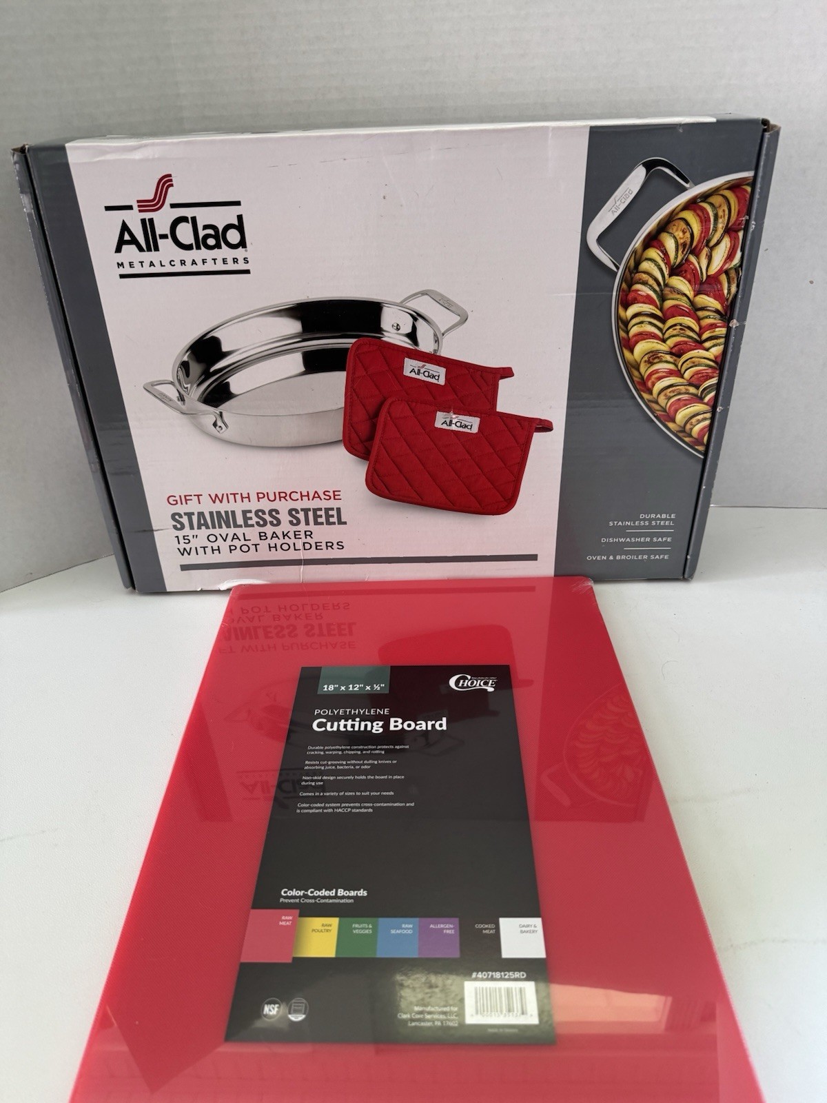 All-Clad Stainless Oval Baker + Commercial NSF Cutting Board, New