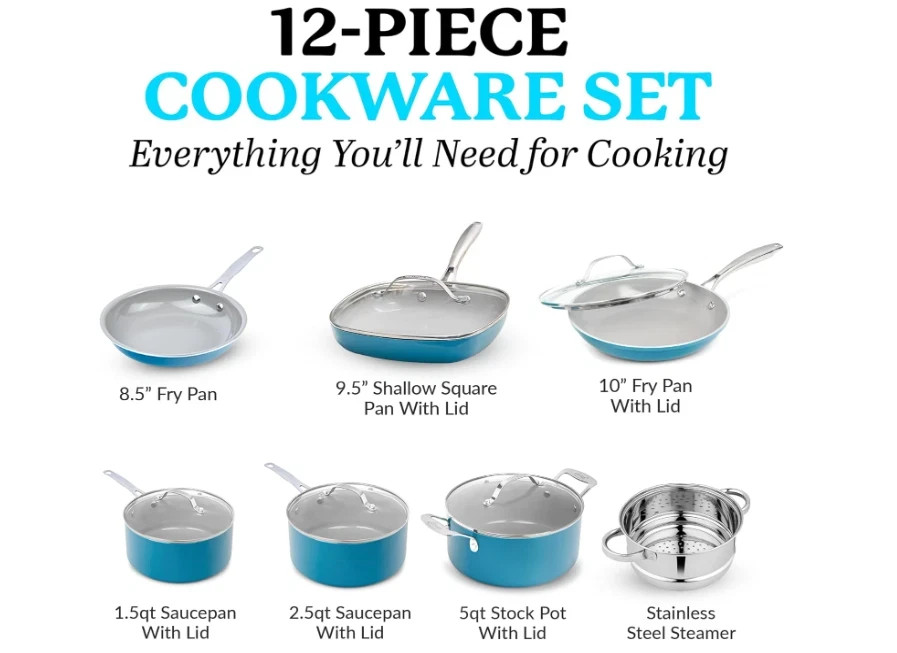 Gotham Steel Aqua Blue Cookware Set: 12 Piece Nonstick, Oven & Dishwasher Safe