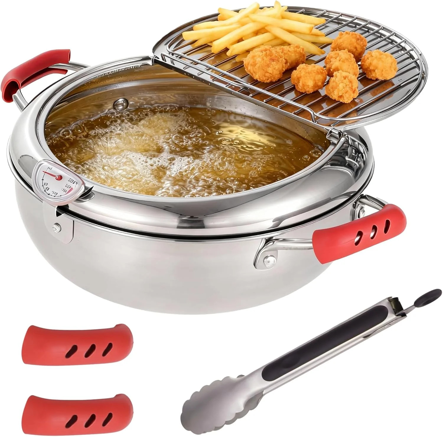 Deep Fryer Pot with Tongs, Stainless Steel Japanese Fryer with Temperature Contr