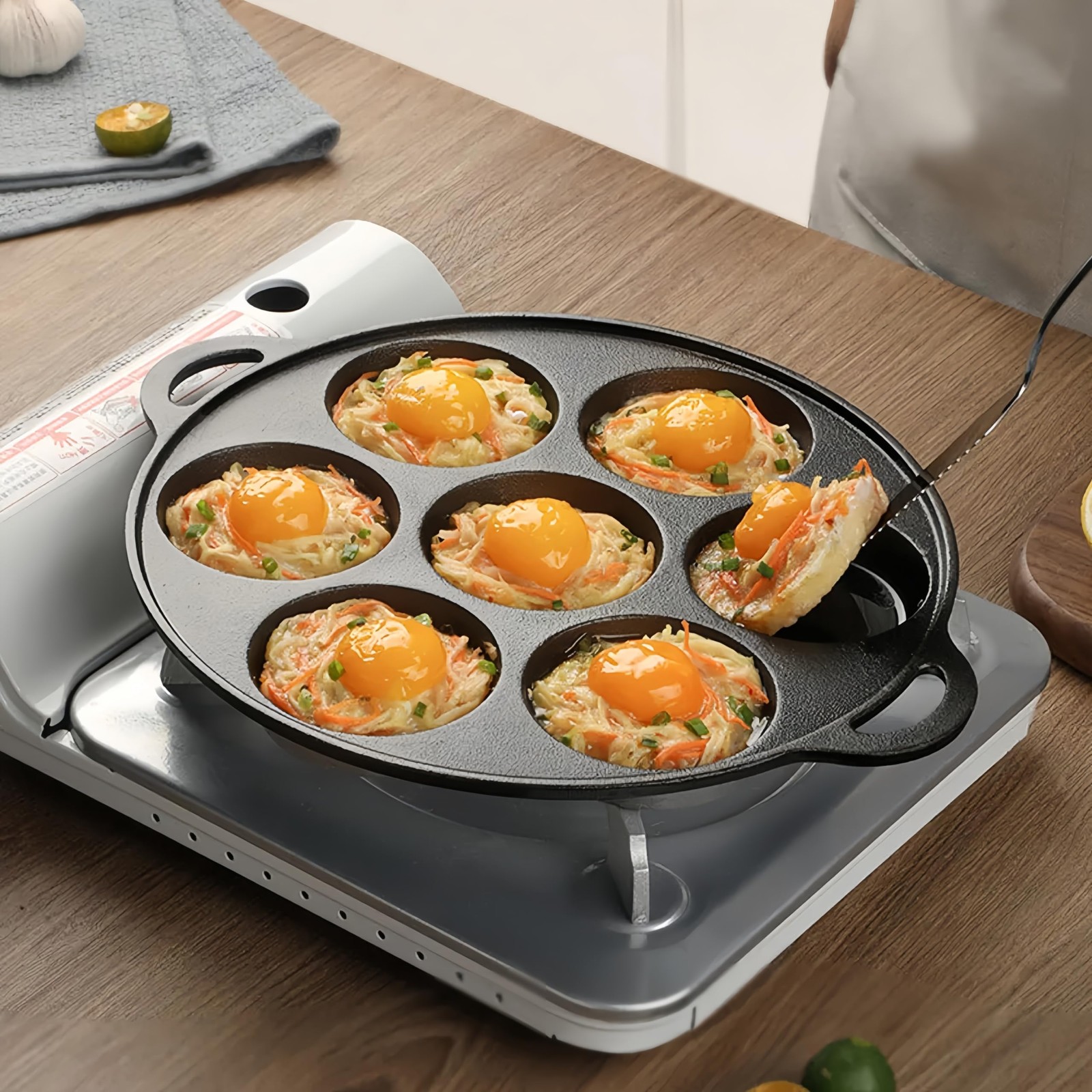 Cast Iron 7Cup Egg Pan Skillet 10 Inch Omelette Breakfast Fried Sandwiches