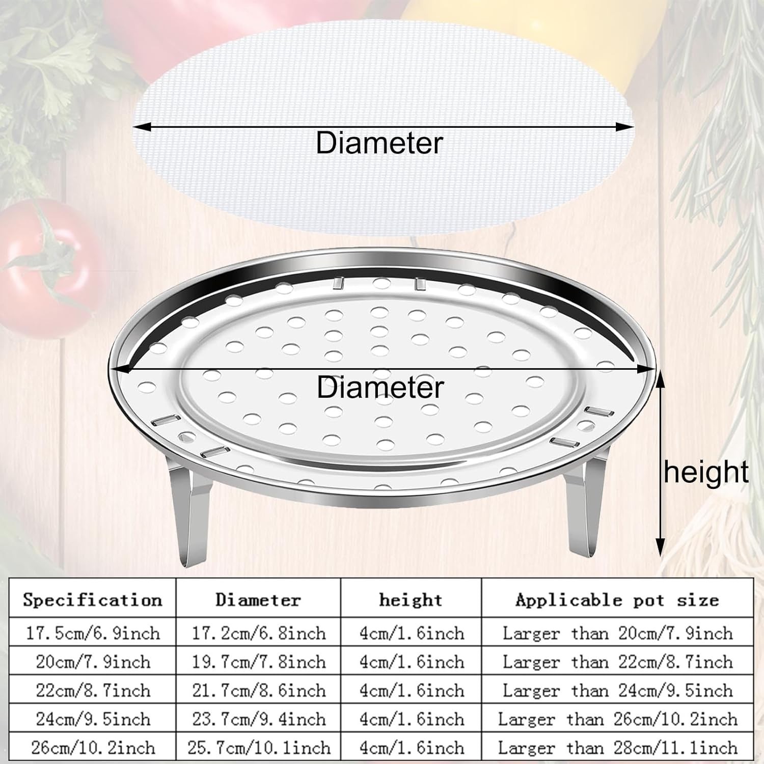 Elegant Round Stainless Steel Steamer Rack with Silicone Liners – 6.9inch