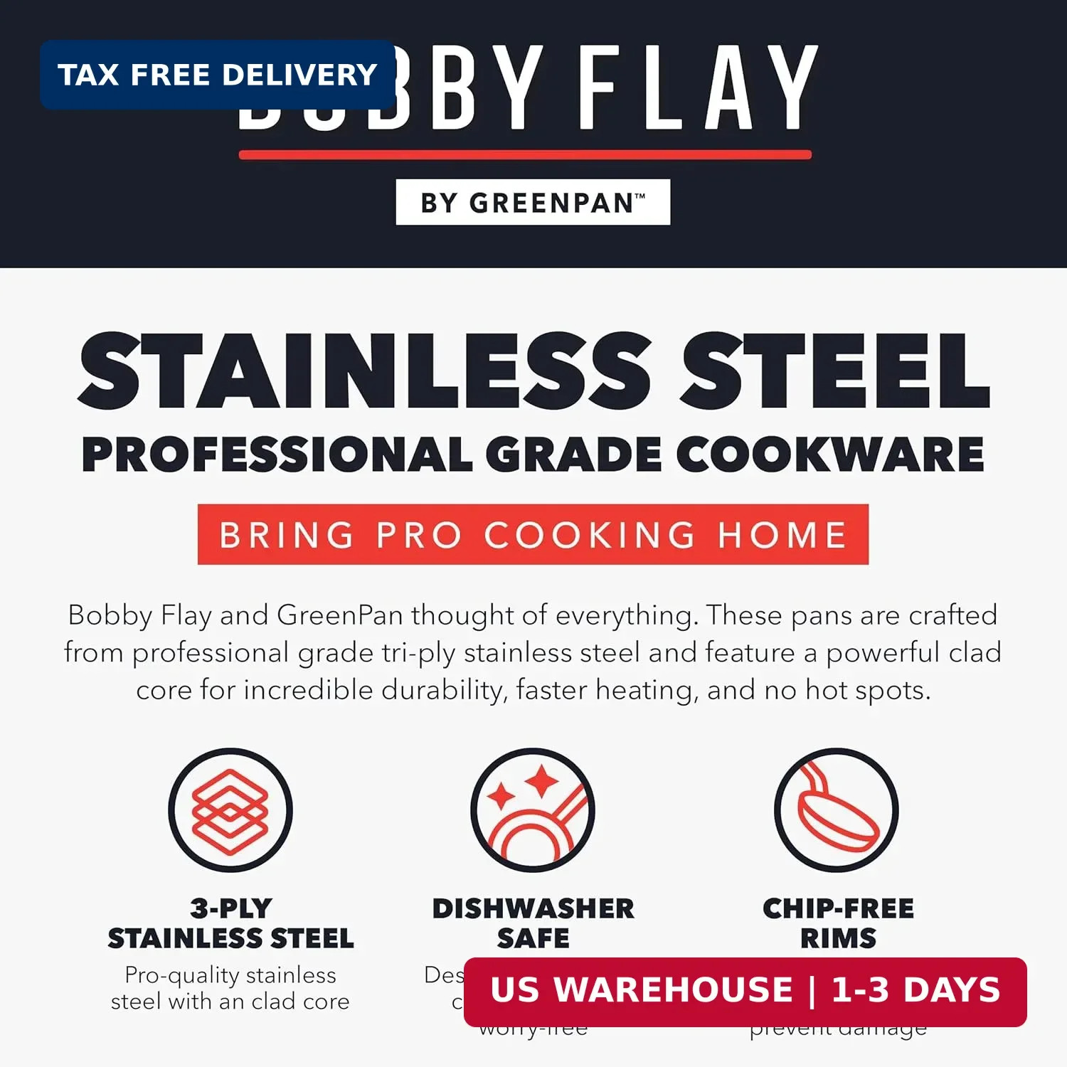 GreenPan x Bobby Flay 10 Piece Stainless Steel Cookware Set, Tri-Ply Multiclad P