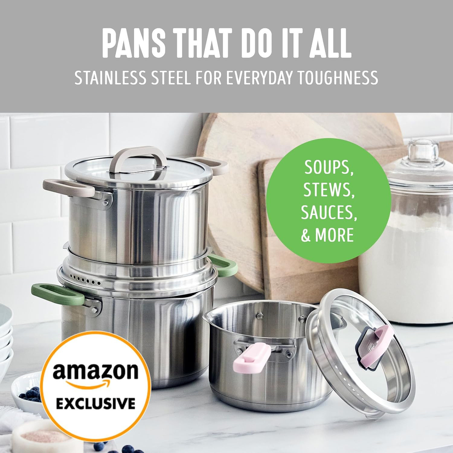 BK Twisting 6-Piece Stainless Steel Cookware Set with Strainer & Spouts