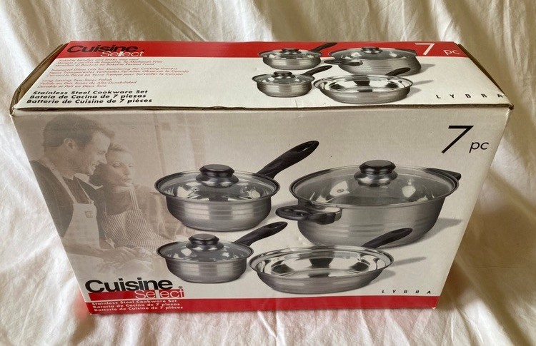 NOS 7 pc Cuisine Select LYBRA stainless pots pans glass lids