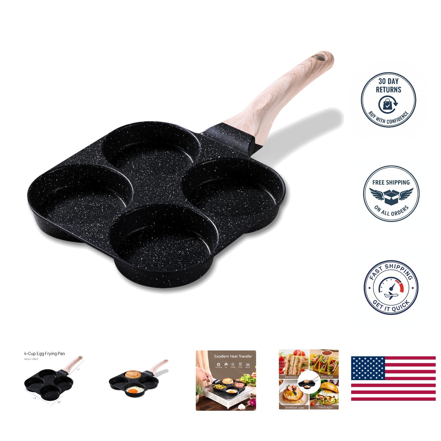 4-Cup Nonstick Granite Egg Pan – Ultimate Healthy Breakfast Skillet in Black