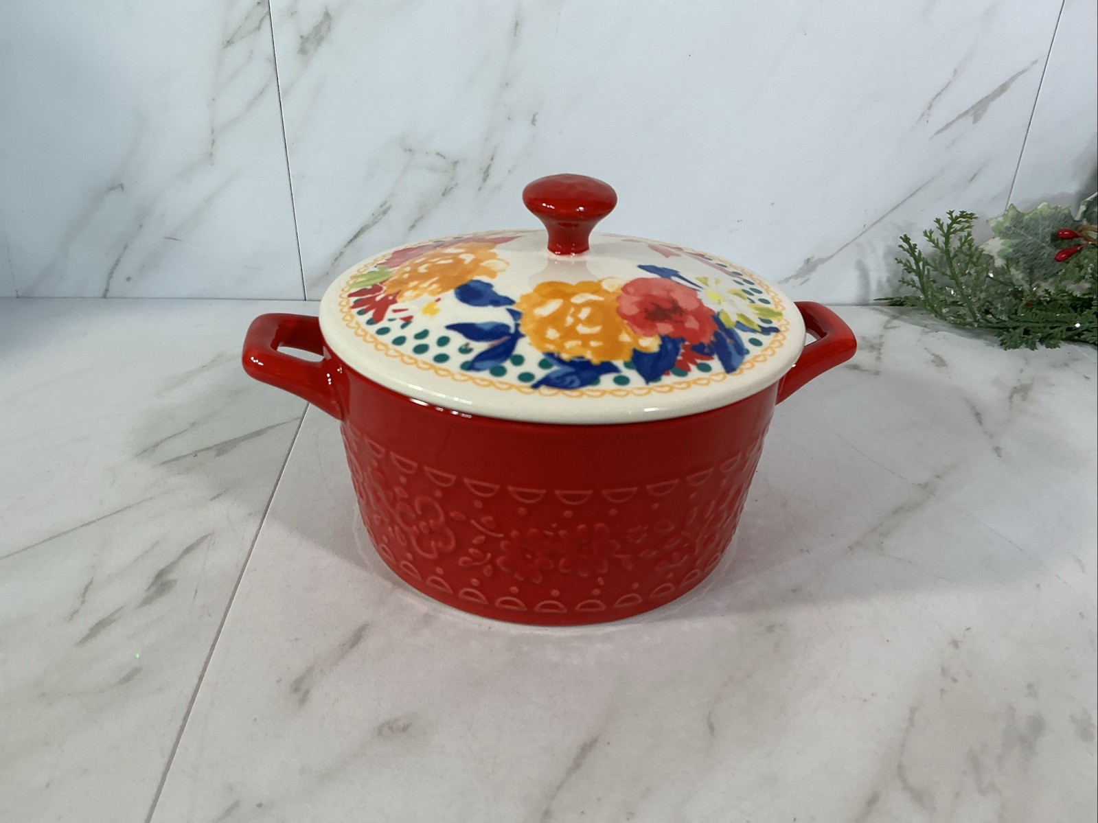 Pioneer Woman Fiona Floral Red 14.4 oz Mini Casserole Stoneware 4 in Tall 14.4oz